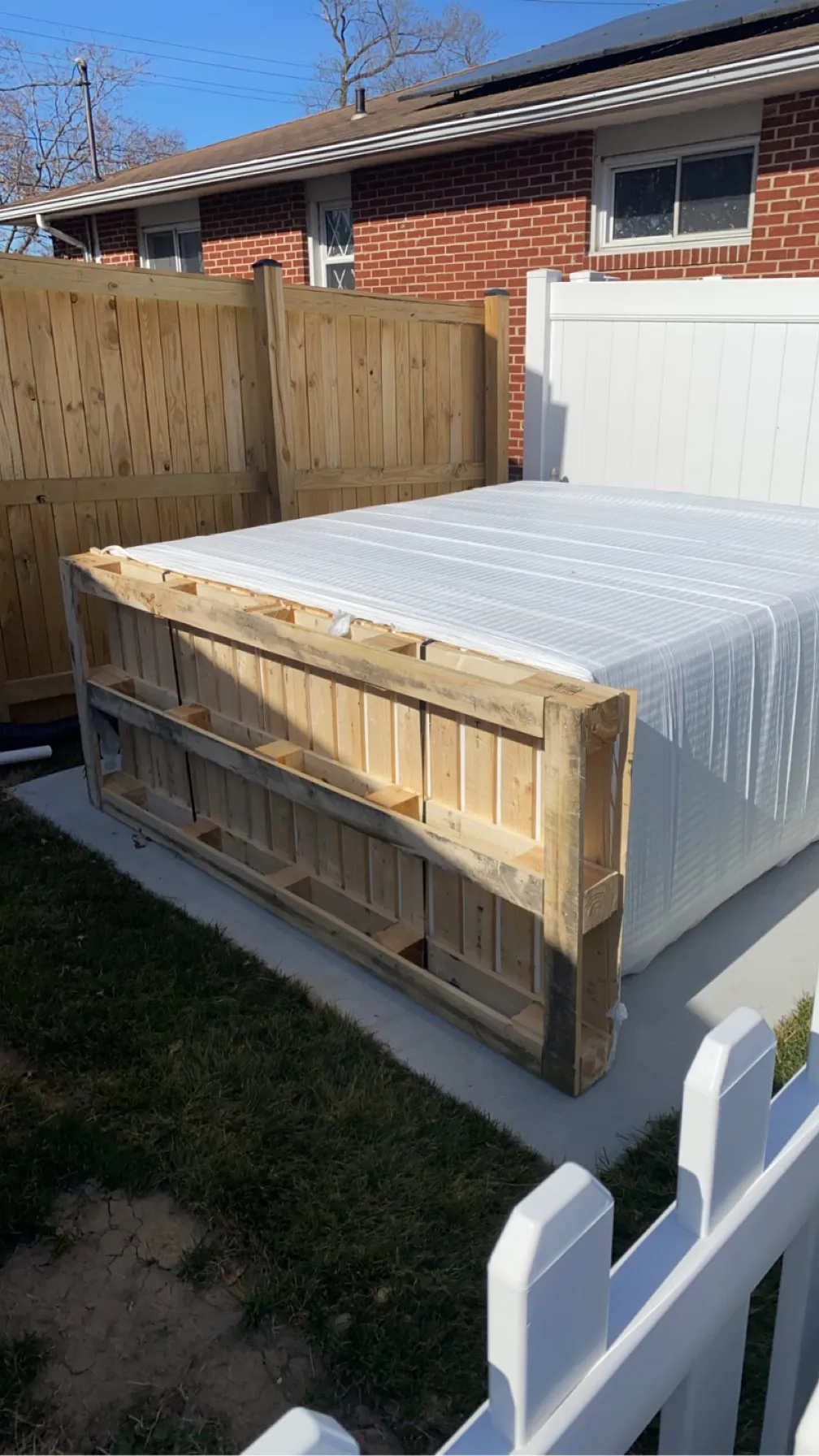 Crated hot tub on a back patio